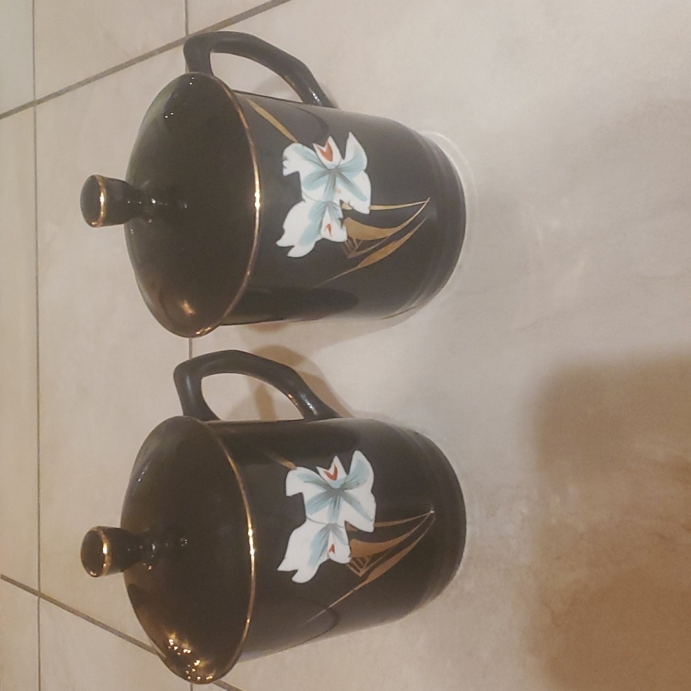 Vintage Asian Floral Black Mugs Gold Trim with Lid Set of 2